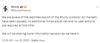 Sturdy回应攻击事件：已暂停所有市场，其他资金没有风险