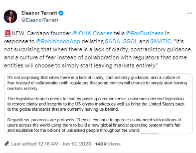 Cardano聯創回應Robinhood下架ADA：監管模糊使部分實體離場不足為奇
