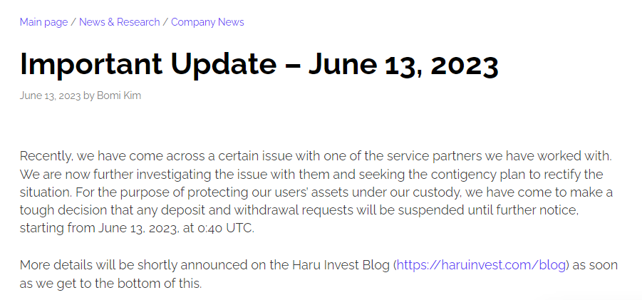 Haru Invest：因服务合作伙伴问题已暂停存提款请求