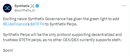 Synthetix Perps市場將支持Lido Finance的stETH