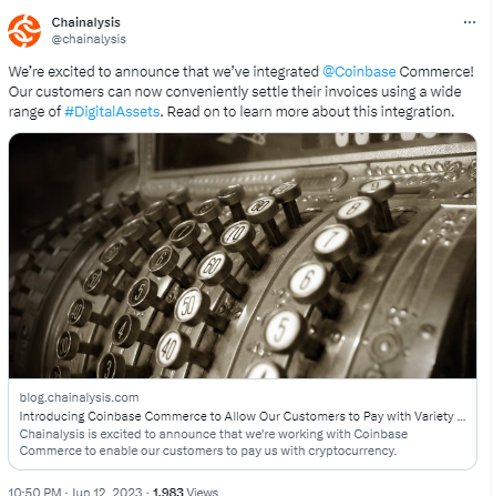 Chainalysis已集成Coinbase旗下商戶支付解決方案Coinbase Commerce