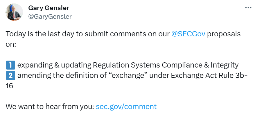 美SEC主席提醒：今日是提交修改交易法規則下“交易所”定義評論的最後一天