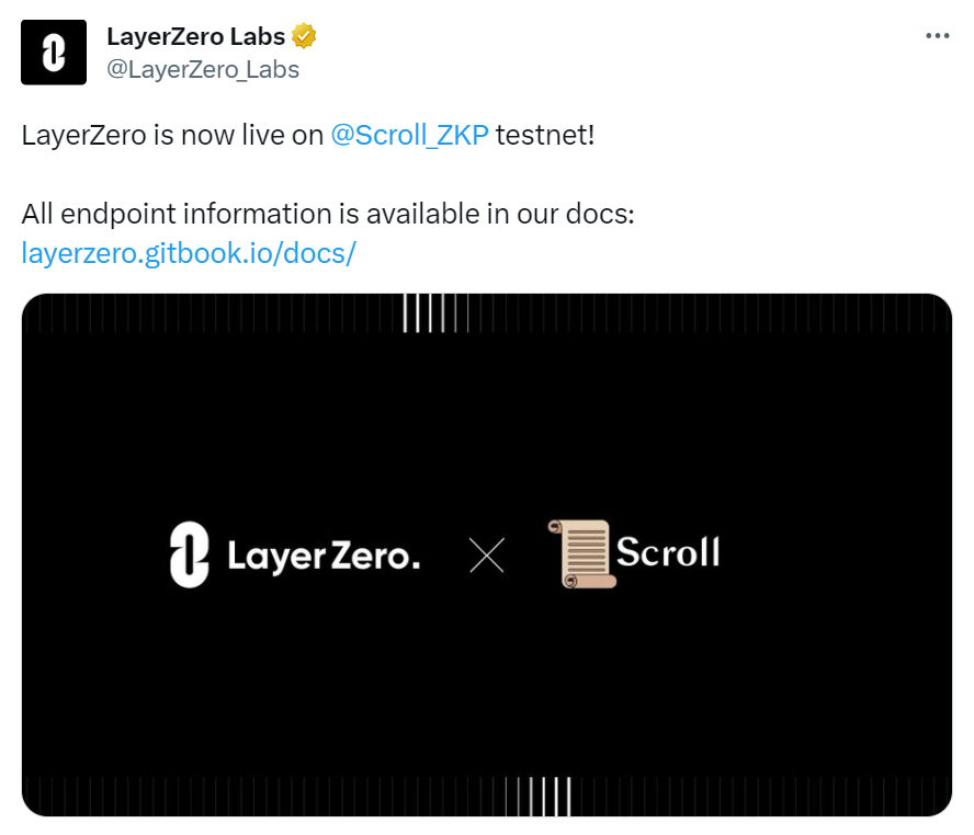 LayerZero宣布新增支持Scroll测试网