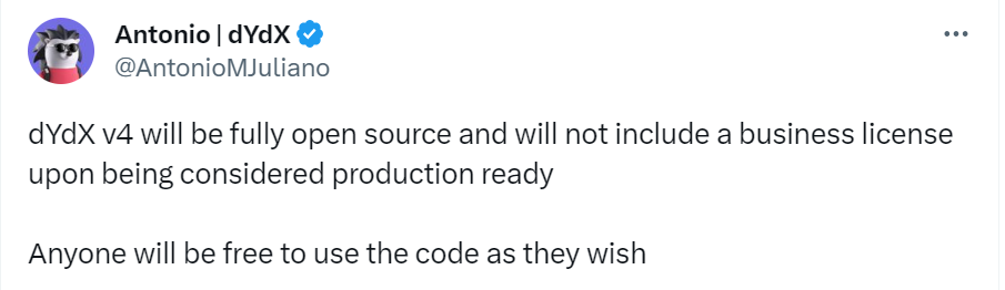 dYdX創始人：dYdX v4 將完全開放源代碼，不包含商業版權許可