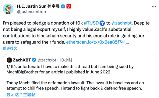 孙宇晨：向独立链上侦探ZachXBT捐赠10000枚TUSD