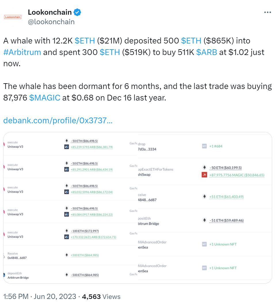 数据：某巨鲸将500枚ETH存入Arbitrum，并以300枚ETH购入51.1万枚ARB