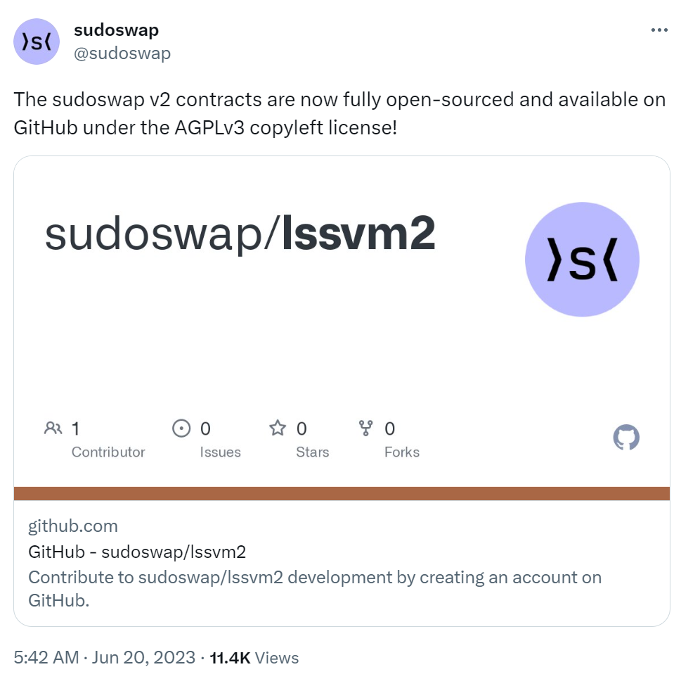 NFT交易协议Sudoswap宣布已完全开源V2合约