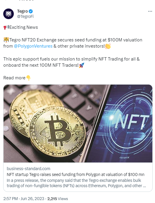 NFT初創公司Tegro以1億美元估值完成種子輪融資，Polygon Ventures等參投