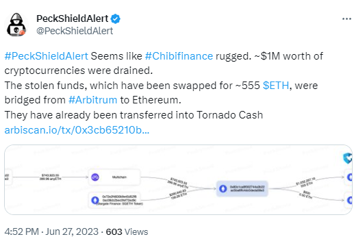 派盾：Chibi Finance疑似发生Rug Pull，价值100万美元的加密货币被耗尽