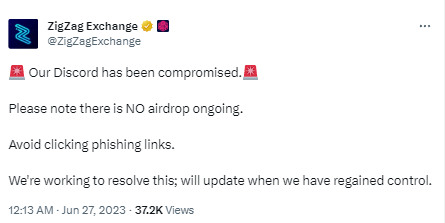 ZigZag：Discord已被黑客入侵，请勿点击网络钓鱼链接