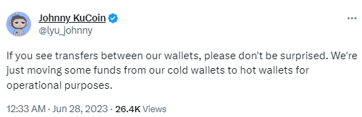 KuCoin CEO：冷钱包至热钱包的部分资金转账系出于运营目的