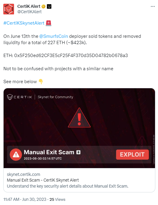 數據：Smurfs Coin為退出騙局，部署者已移除約42萬美元的流動性