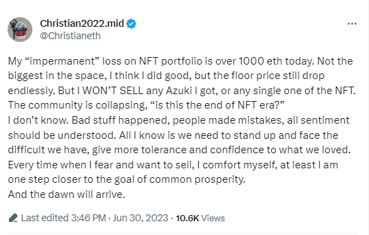 NDV聯創Christian稱其在NFT上的投資已浮虧超1000枚ETH