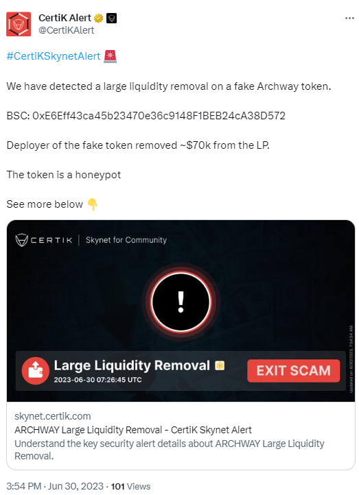 安全公司：虛假Archway代幣被部署者移除7萬美元的流動性
