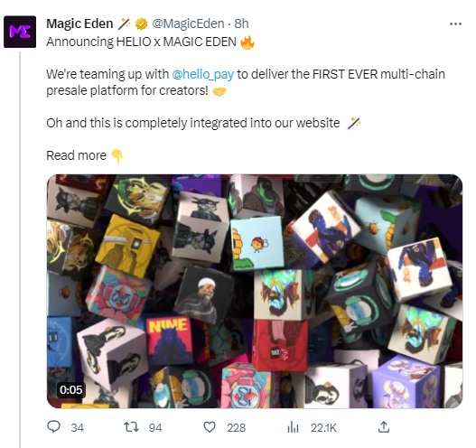 Magic Eden将与Helio Pay合作推出NFT多链预售平台