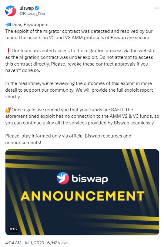 BiSwap：已檢測並解決Migrator合約漏洞，請勿與訪問該合約，用戶資金安全