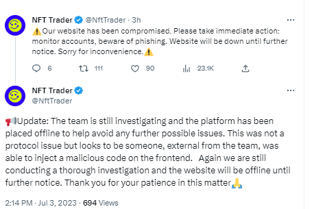 NFT Trader因遭遇攻击关闭网站，疑似前端被插入恶意代码