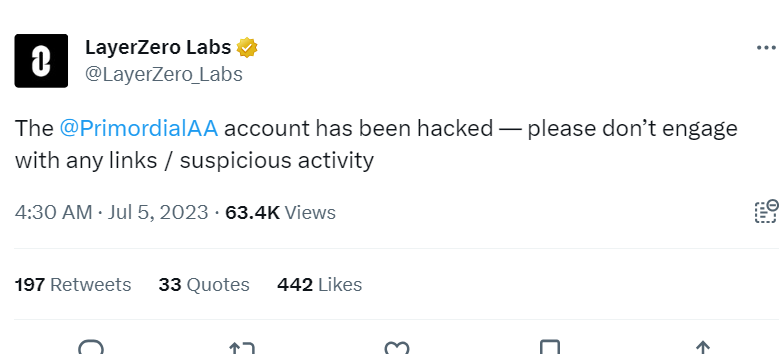 LayerZero CEO推特账号被盗，请勿点击可疑链接 
