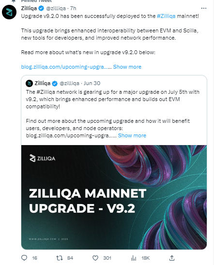 Zilliqa已将v9.2.0升级版部署至主网