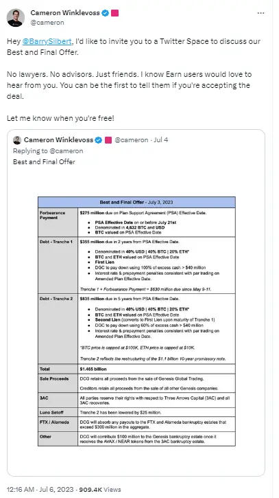 Gemini联创邀请DCG创始人就Genesis债务重组相关“最终报价”进行谈判