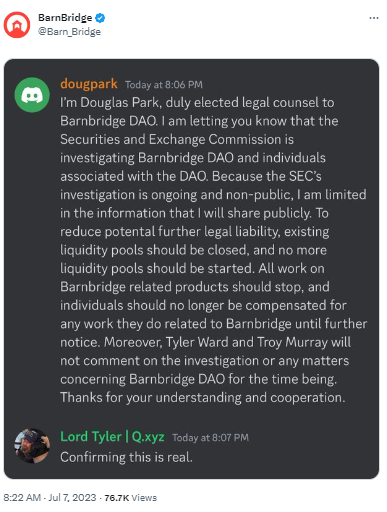BarnBridge DAO正遭美SEC调查，其顾问建议采取措施减少潜在法律风险
