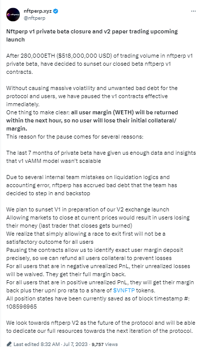 nftperp关闭v1内测版并返还用户保证金,将推出v2模拟交易