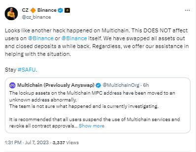 赵长鹏:Multichain事件对币安和币安用户无影响,愿提供帮助解决问题