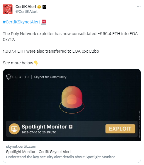 安全机构：Poly Network攻击者已将约566枚ETH转至EOA地址（0x712）
