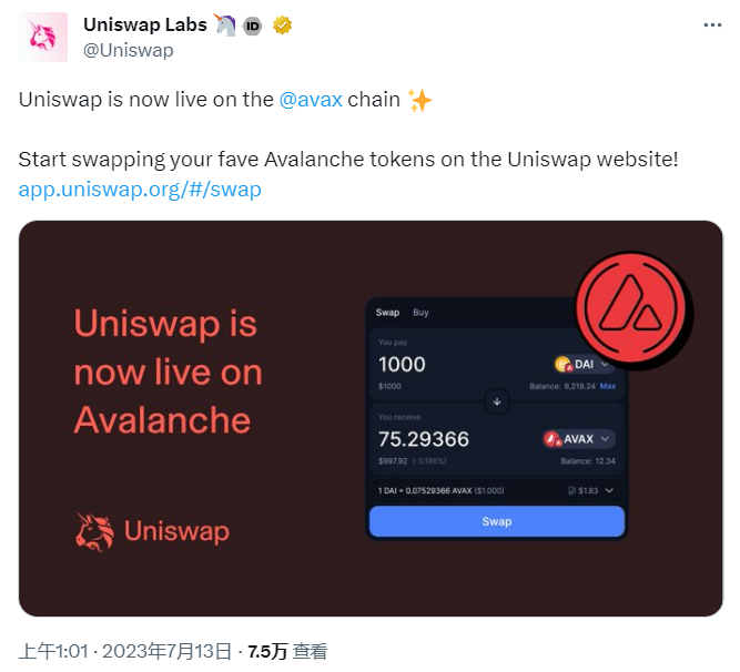 Uniswap现已部署至Avalanche网络