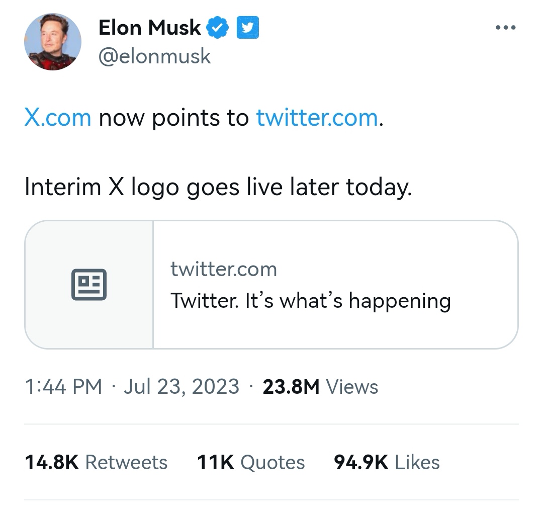 马斯克：推特临时X logo将于今日上线