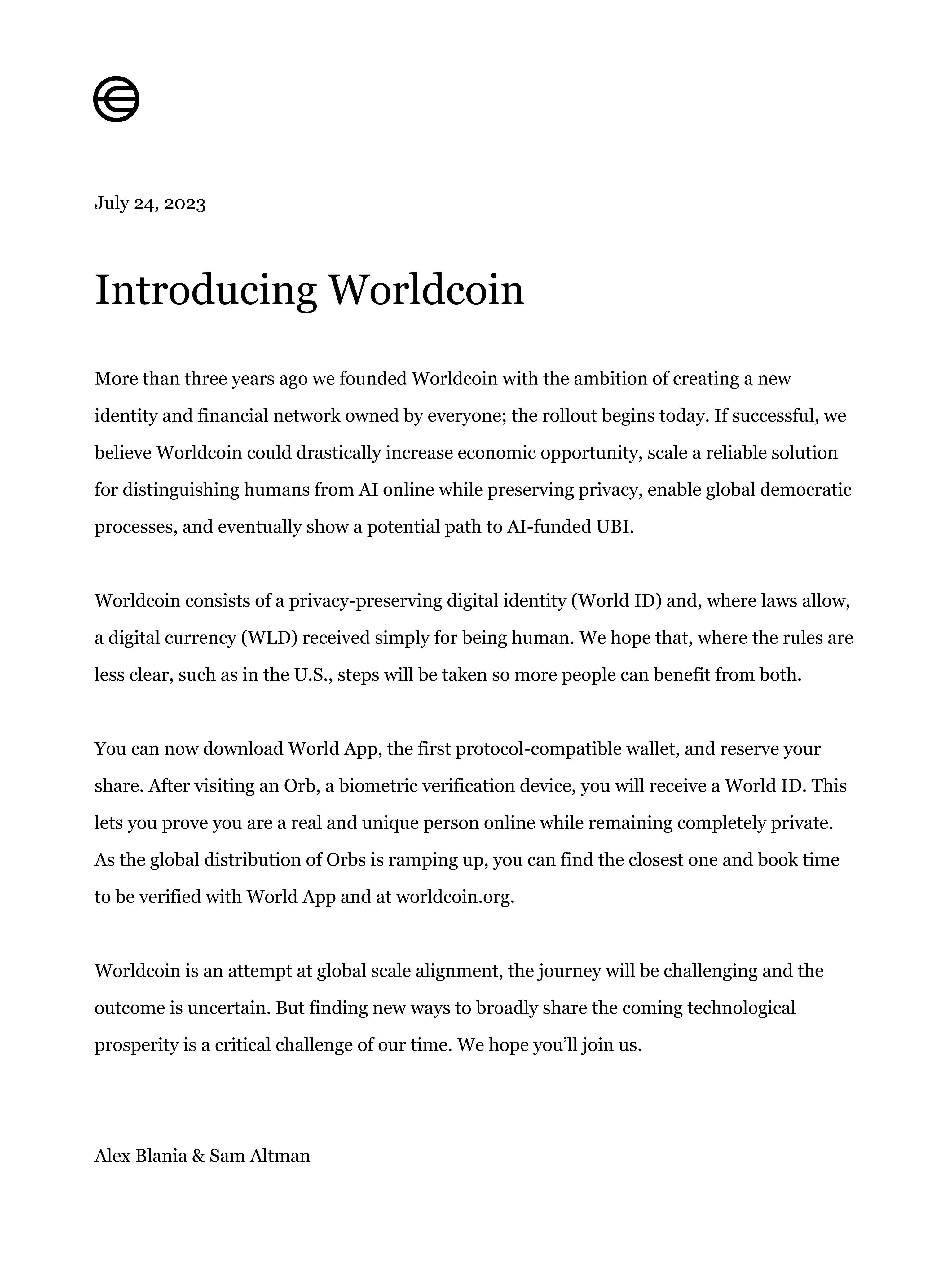 Worldcoin宣布推出WLD代幣，將分發給全球超過200萬人