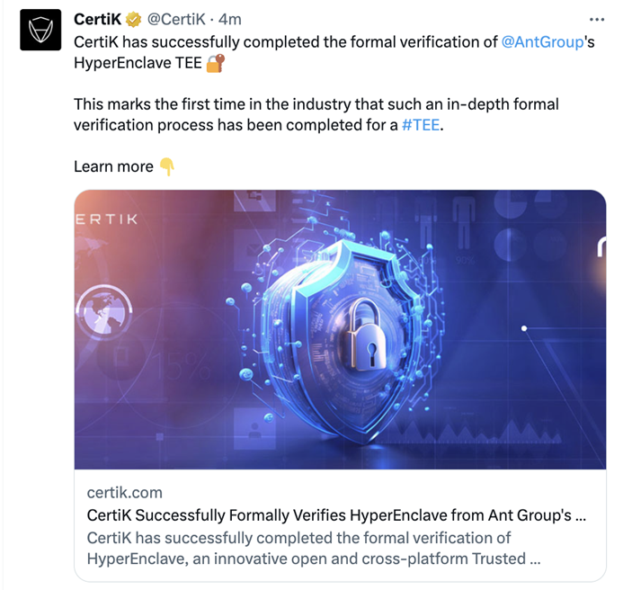 CertiK已完成對螞蟻集團HyperEnclave先進形式化驗證