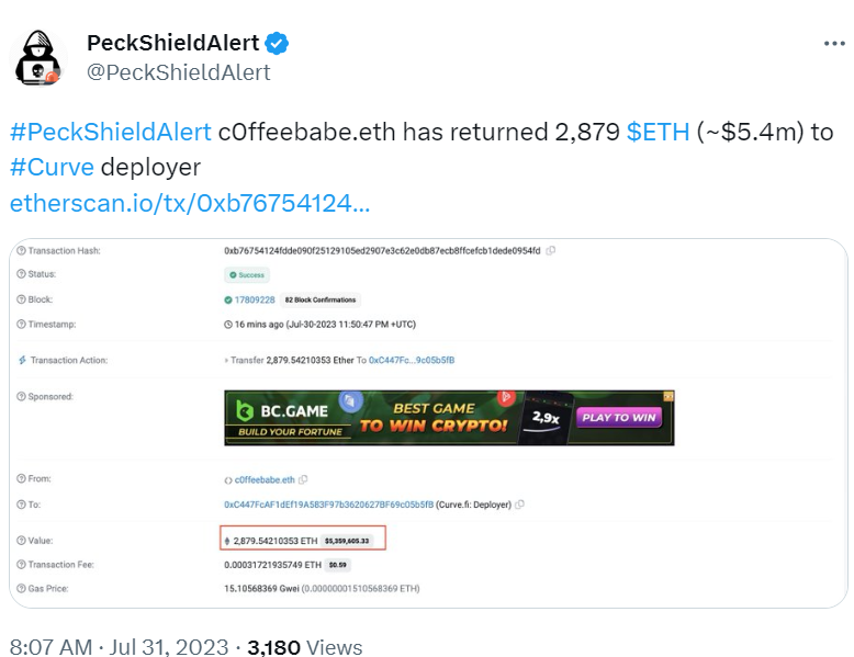 派盾：c0ffeebabe.eth已向Curve部署者返还2879枚ETH
