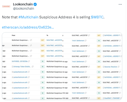 數據：“Multichain可疑地址4”疑似正出售WBTC，已轉移220枚WBTC