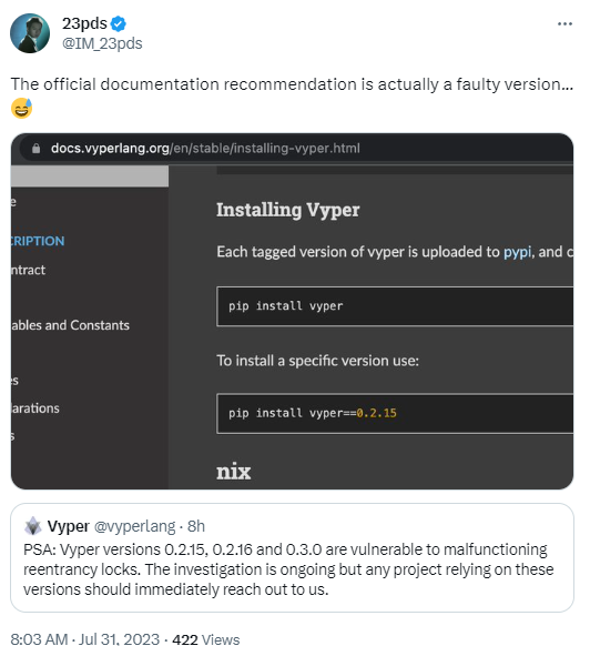 慢雾:Vyper官方文档推荐的系错误版本
