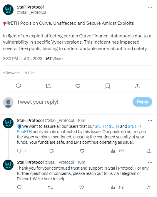 StaFi：Curve上的rETH池不依賴於Vyper版本且未受影響，用戶資金安全