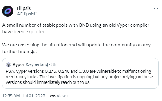 Ellipsis Finance:少数使用旧版Vyper编译器的BNB稳定池被攻击