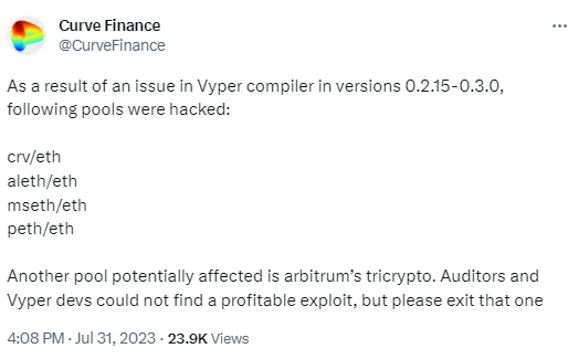 Curve：除CRV/ETH等池外，Arbitrum Tricrypto池可能受到影响