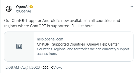 OpenAI：安卓版ChatGPT现已全面上线