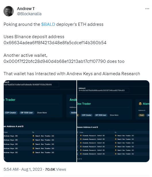 Nansen分析师：Bald部署者地址与Alameda存在密切关联