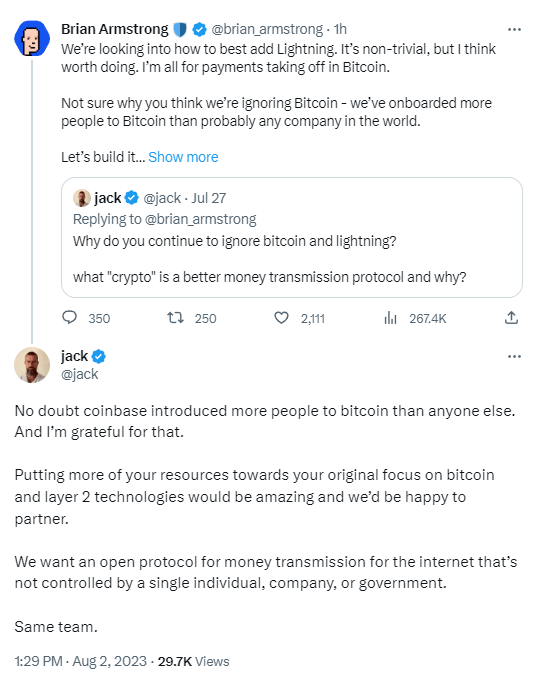 Jack Dorsey回应“Coinbase正研究添加闪电网络”：愿意合作