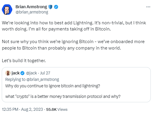 Coinbase CEO：正研究添加閃電網絡，願支持比特幣支付發展