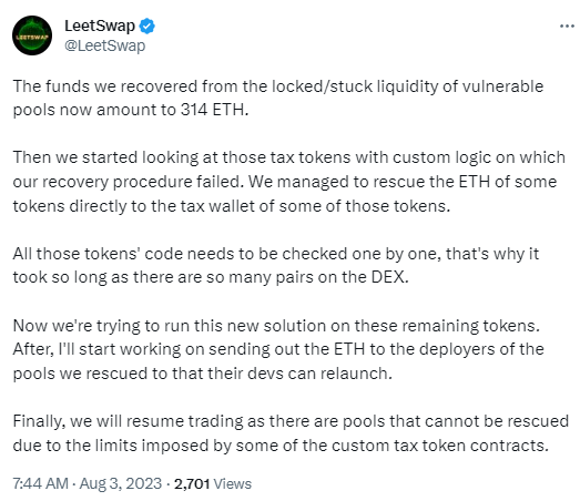 LeetSwap：已从流动性池中收回314枚ETH，正尝试新解决方案以为恢复交易做准备