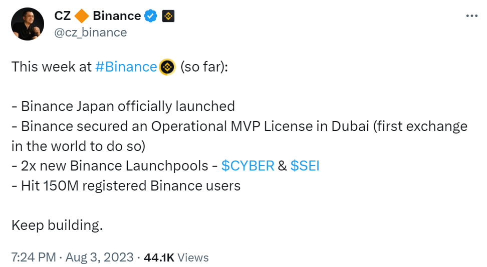 赵长鹏：币安注册用户数达到1.5亿