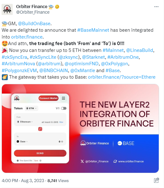 跨链桥Orbiter Finance现已支持Base网络