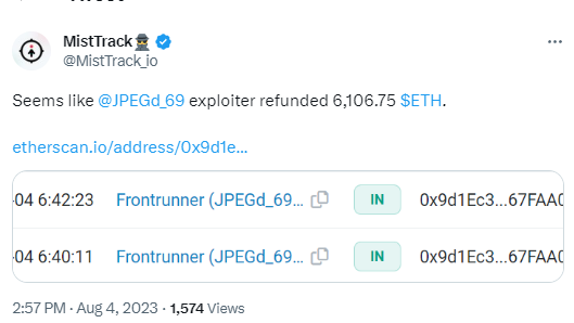 安全公司：JPEG'd攻擊者或已將全部6106.75枚ETH歸還給項目方