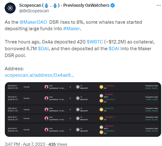 數據:某巨鯨地址將藉入的670萬枚DAI存入Maker DSR池中