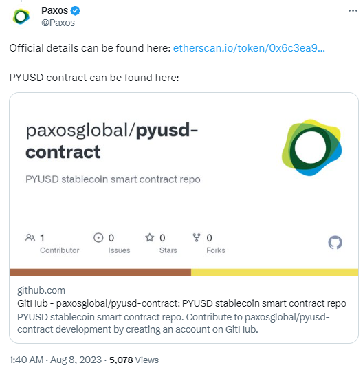 PayPal旗下稳定币PYUSD合约地址公布,已发行2690万枚