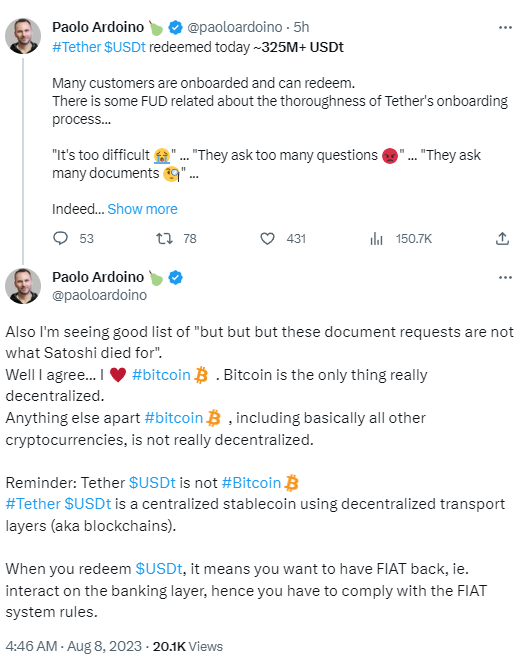 Tether CTO：今日已贖回超3.25億枚USDT，贖回必須遵守法幣系統規則