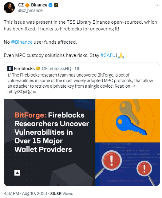 趙長鵬：已修復Fireblocks發現影響MPC錢包的漏洞，用戶資金安全